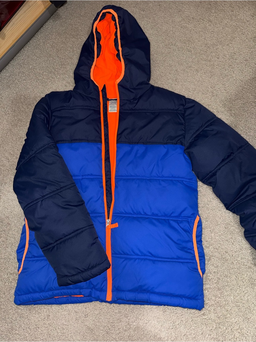 Faded Glory Navy & Bright Blue Hooded Puffer with Orange Trim